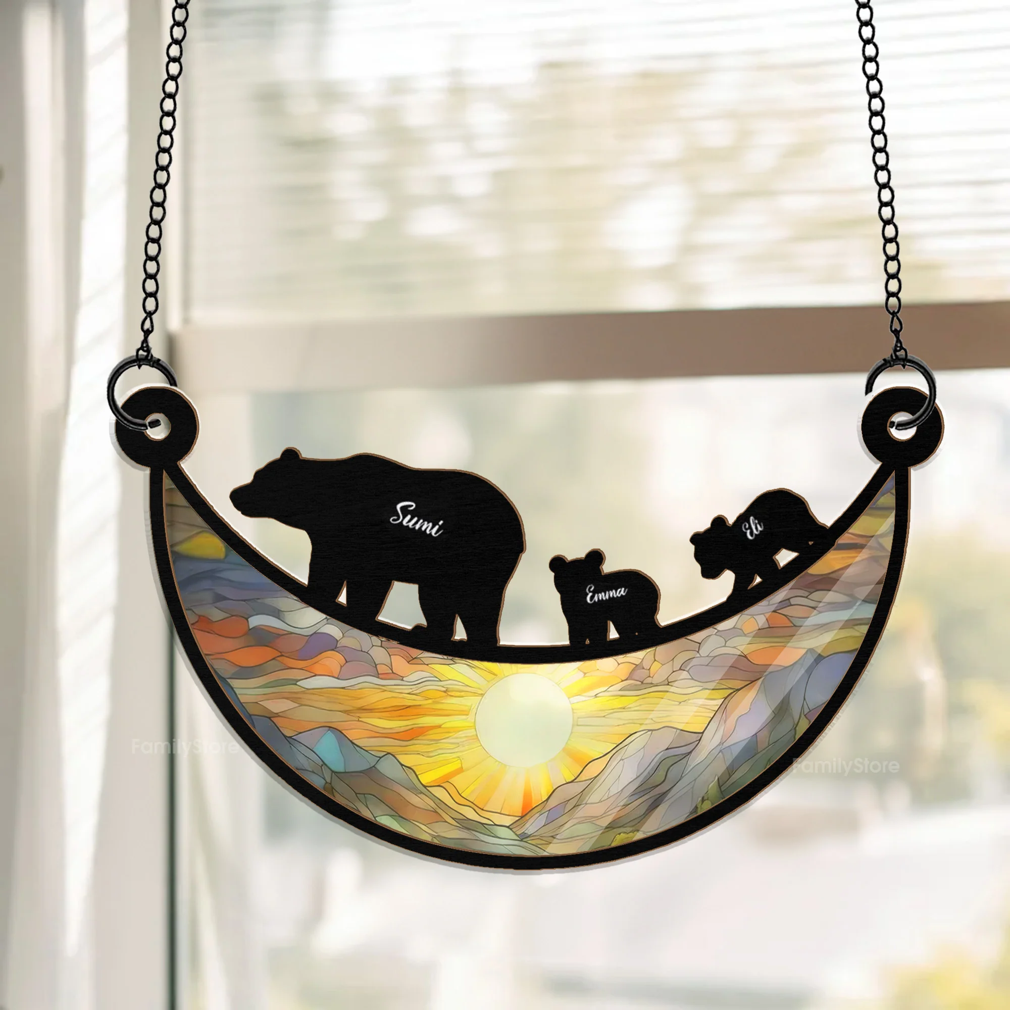 Mama Bear On The Moon - Personalized Window Hanging Window Hanging Suncatcher Ornament - Gift For Mom, Grandma, Mother's Day NA94