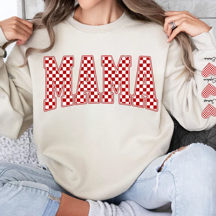 Mama Heart And Kids - Personalized Sweatshirt With Design On Sleeve - Meaningful Gifts For Grandma, Mom, Wife | Custom Sleeve NH96
