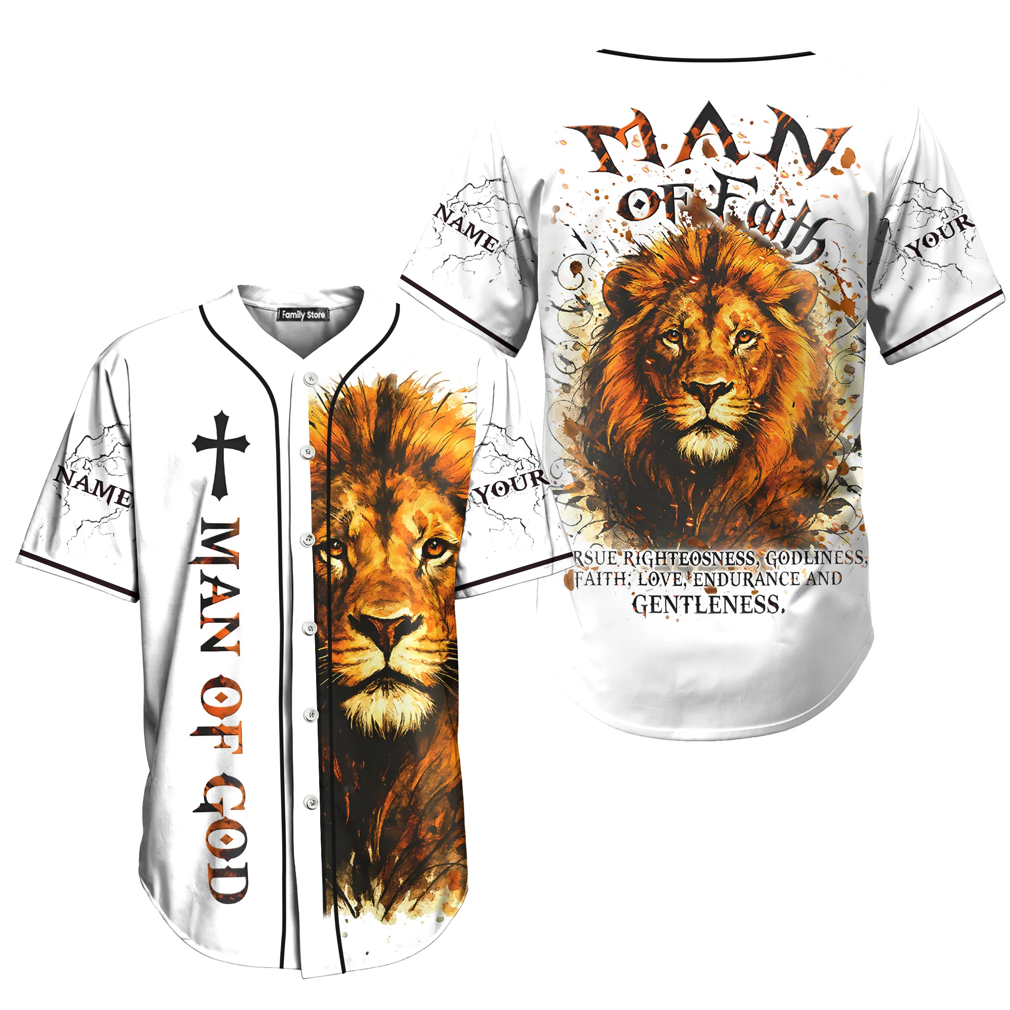 Man of Faith Lion Custom Name Baseball Jersey - Christant Gift For Him