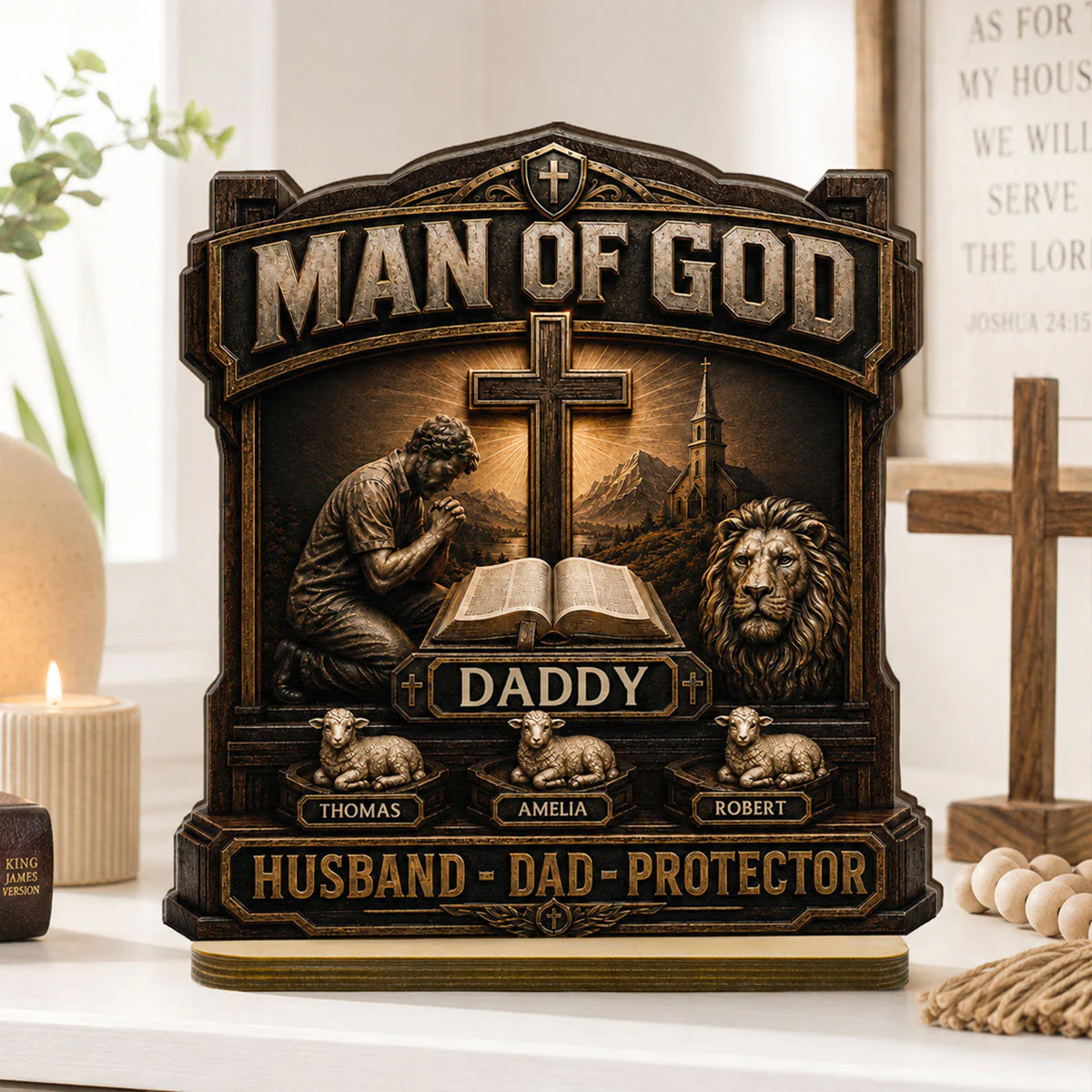 Man Of God With Bible And Lion Daddy Husband Protector - Personalized Wooden Plaque - Gift For Dad, Husband, Grandpa