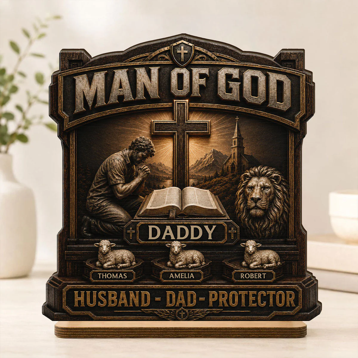 Man Of God With Bible And Lion Daddy Husband Protector - Personalized Wooden Plaque - Gift For Dad, Husband, Grandpa - Image 2