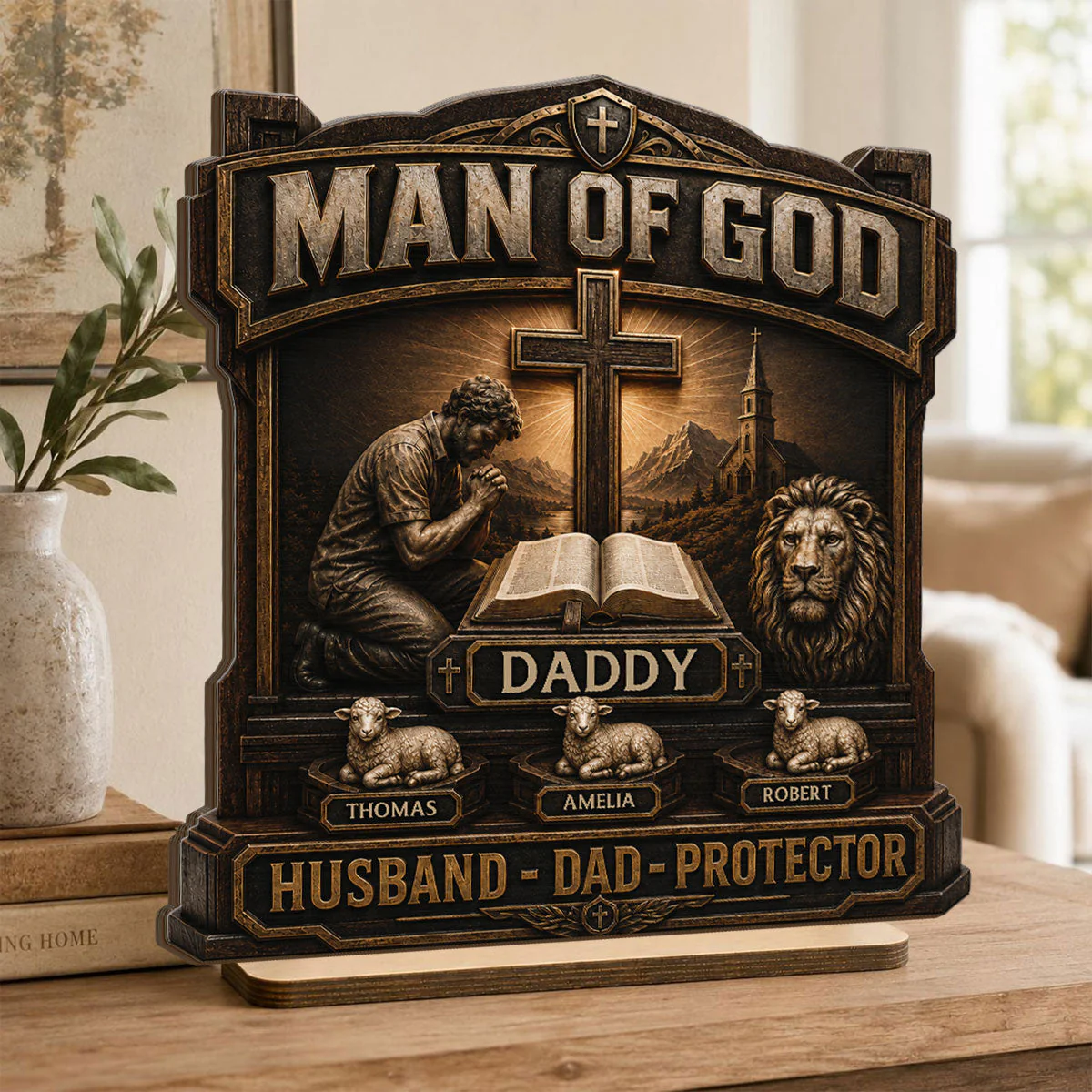 Man Of God With Bible And Lion Daddy Husband Protector - Personalized Wooden Plaque - Gift For Dad, Husband, Grandpa - Image 4