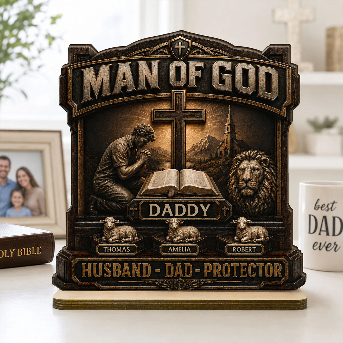 Man Of God With Bible And Lion Daddy Husband Protector - Personalized Wooden Plaque - Gift For Dad, Husband, Grandpa - Image 5