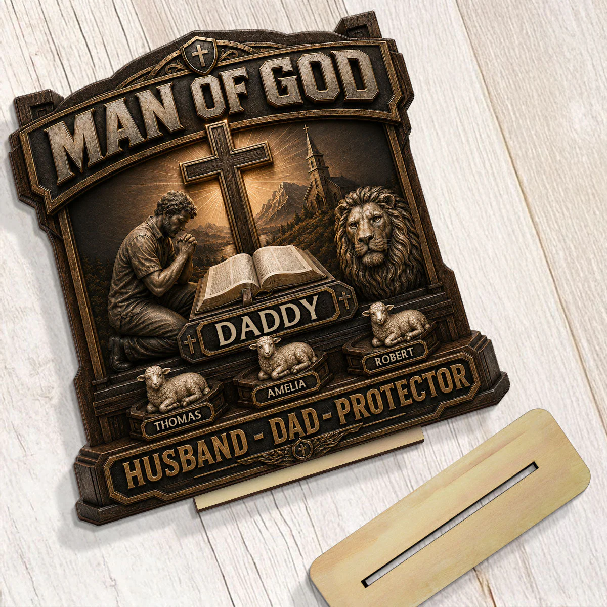 Man Of God With Bible And Lion Daddy Husband Protector - Personalized Wooden Plaque - Gift For Dad, Husband, Grandpa - Image 6