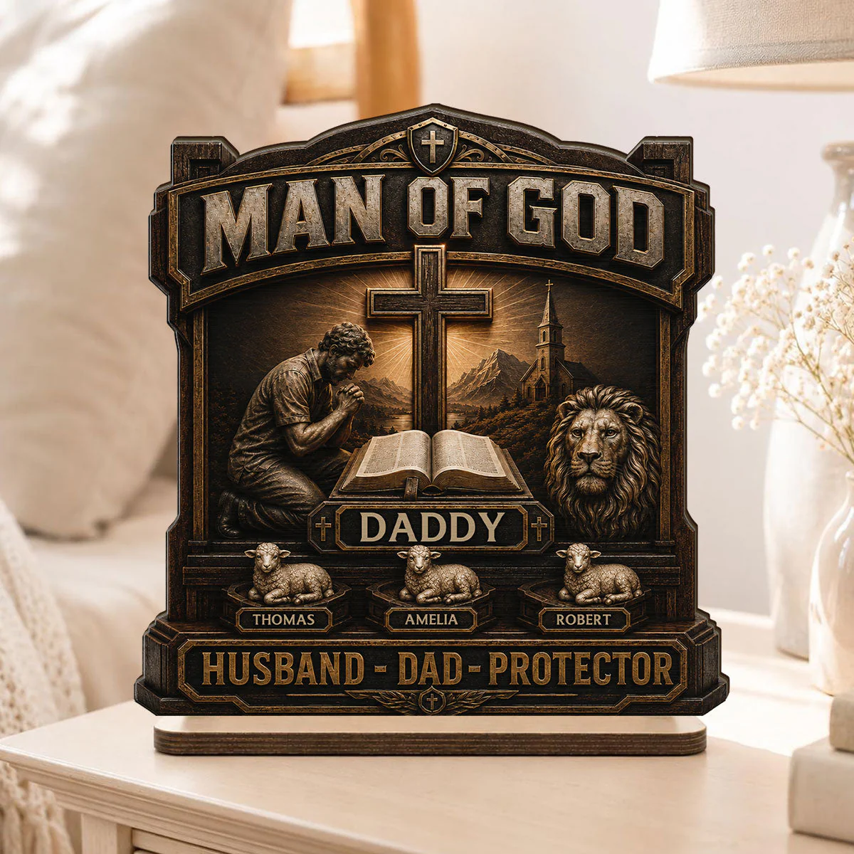Man Of God With Bible And Lion Daddy Husband Protector - Personalized Wooden Plaque - Gift For Dad, Husband, Grandpa - Image 7