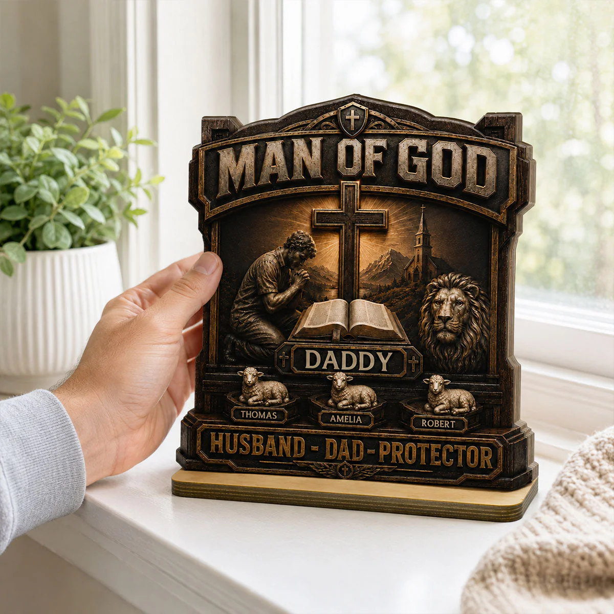 Man Of God With Bible And Lion Daddy Husband Protector - Personalized Wooden Plaque - Gift For Dad, Husband, Grandpa - Image 8