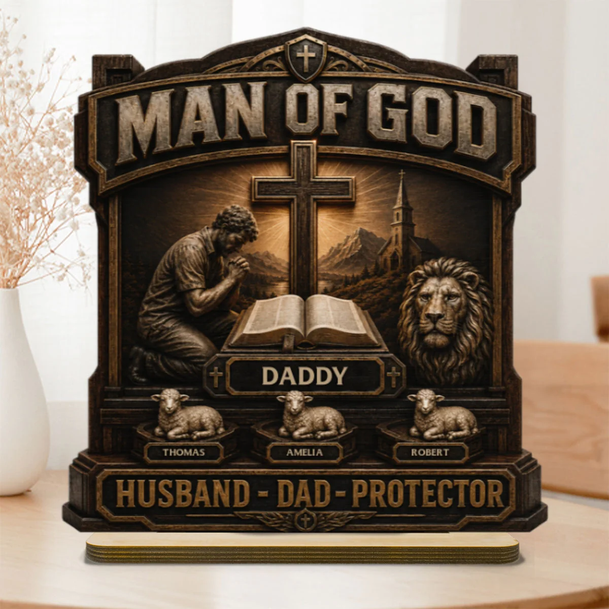 Man Of God With Bible And Lion Daddy Husband Protector - Personalized Wooden Plaque - Gift For Dad, Husband, Grandpa - Image 9