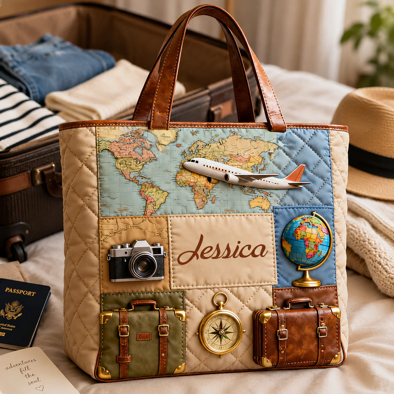 Map Suitcase Airplane - Personalized Travel Quilted Tote Bag - Gift For Travelers - Image 2