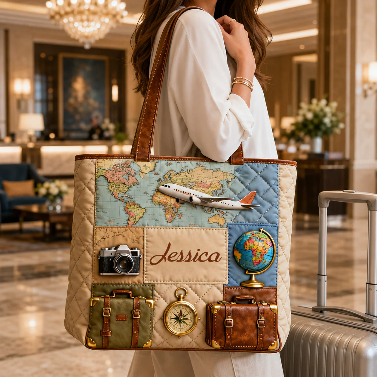 Map Suitcase Airplane - Personalized Travel Quilted Tote Bag - Gift For Travelers - Image 3