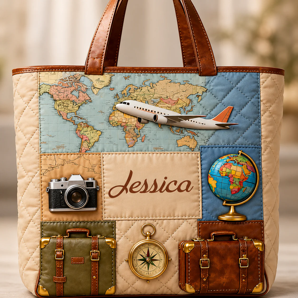 Map Suitcase Airplane - Personalized Travel Quilted Tote Bag - Gift For Travelers - Image 4