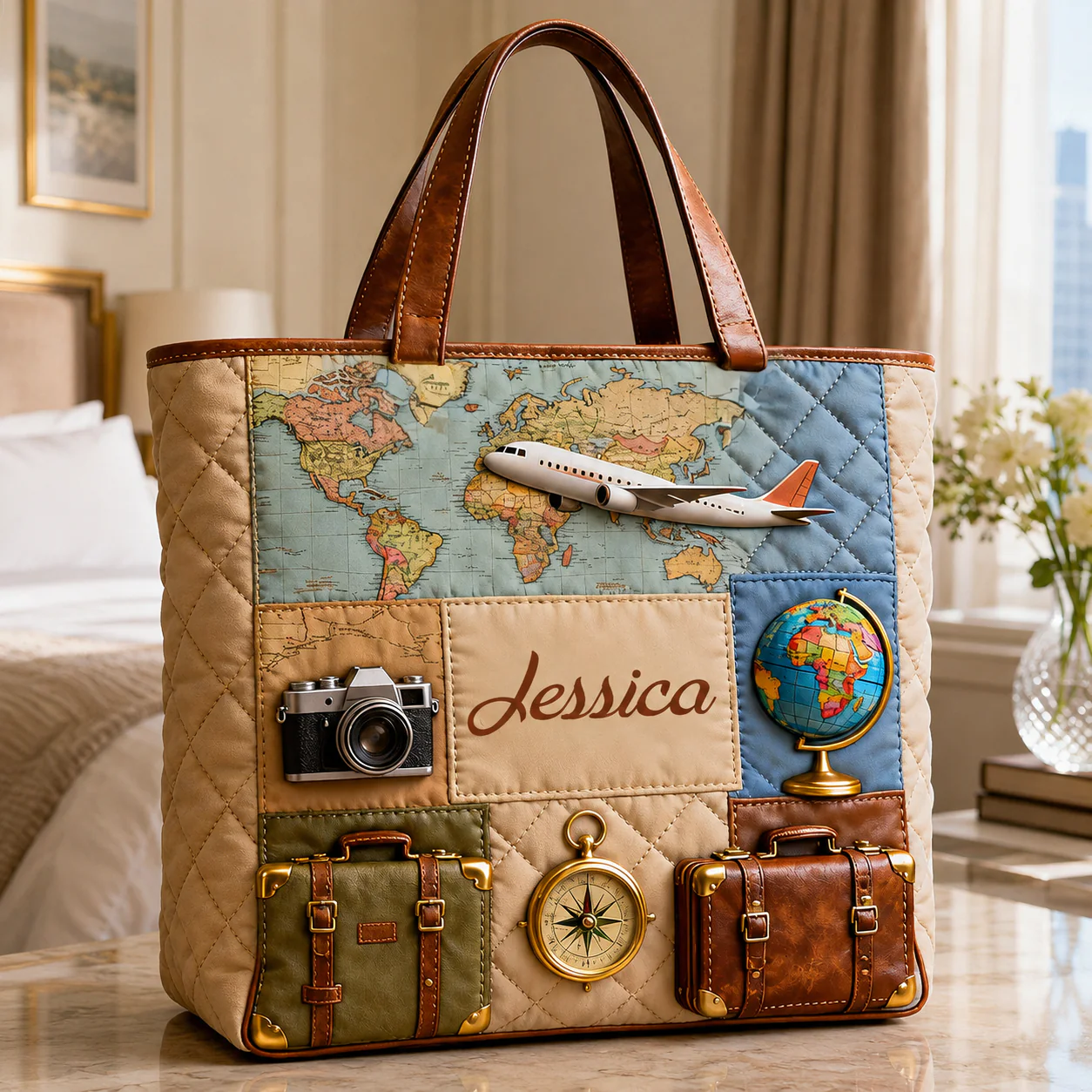 Map Suitcase Airplane - Personalized Travel Quilted Tote Bag - Gift For Travelers - Image 5