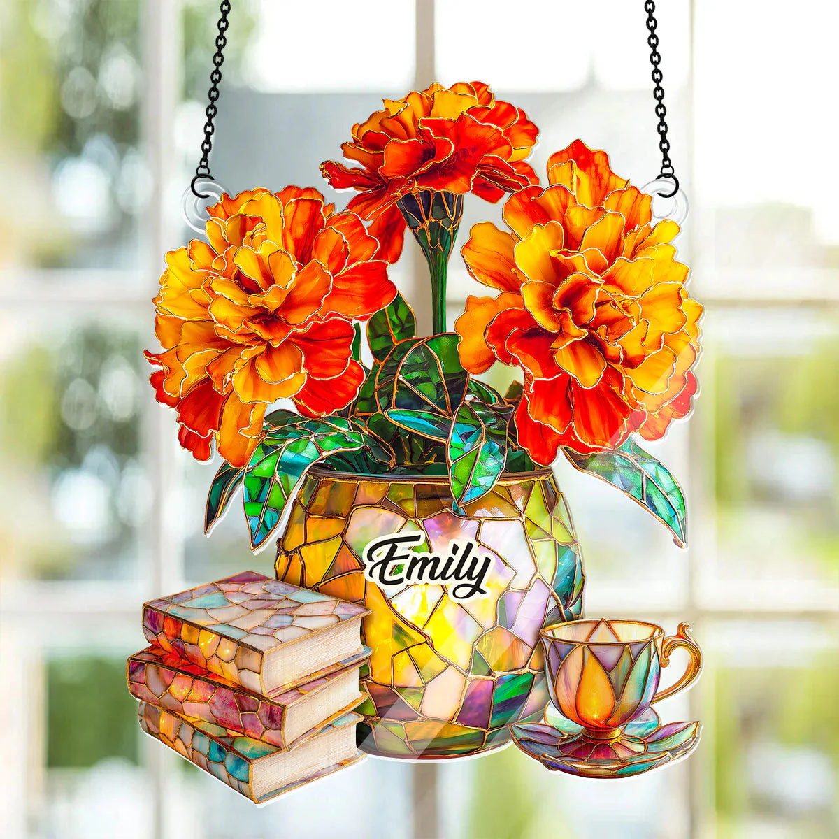 Marigold, Books, And Tea - Personalized Acrylic Suncatcher - Gift For Her, Book Lovers HH01