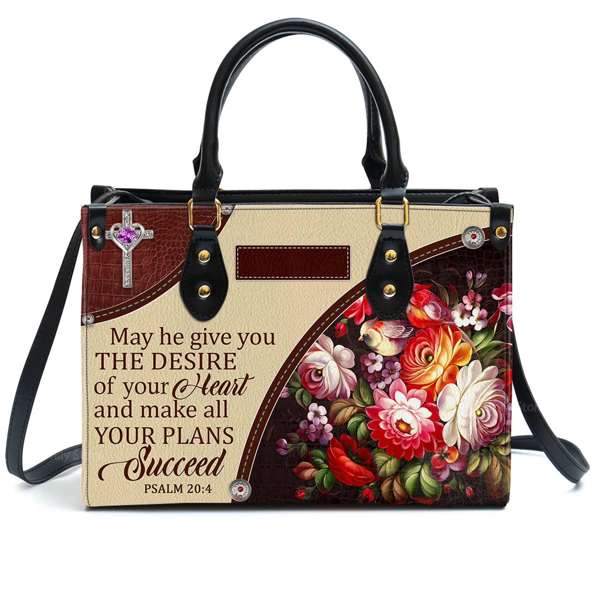 May He Make All Your Plans Succeed - Awesome Personalized Flower Leather Handbag - AT4080701 - Image 4