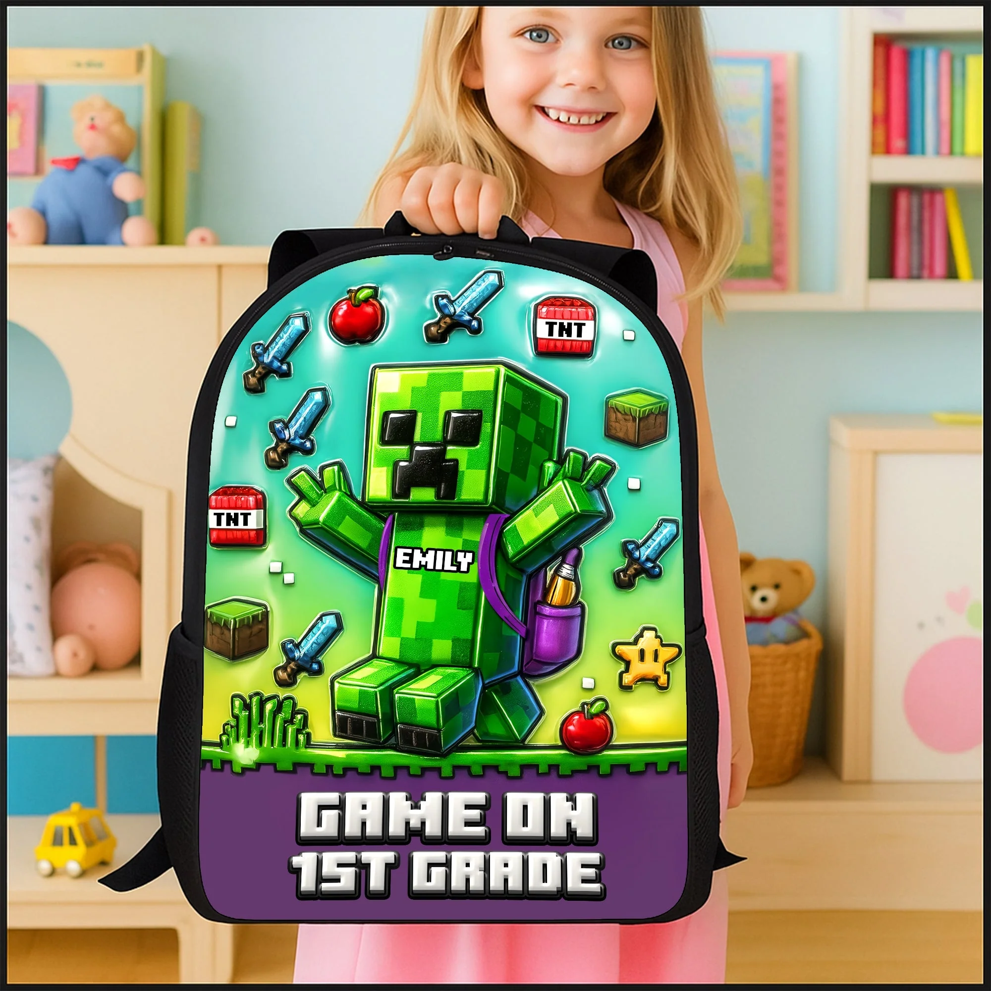 MCraft Green Pixel Game On - Personalized Backpack, Lunch Bag, Pencil Case & Water Bottle - Back to School Gift - Image 2