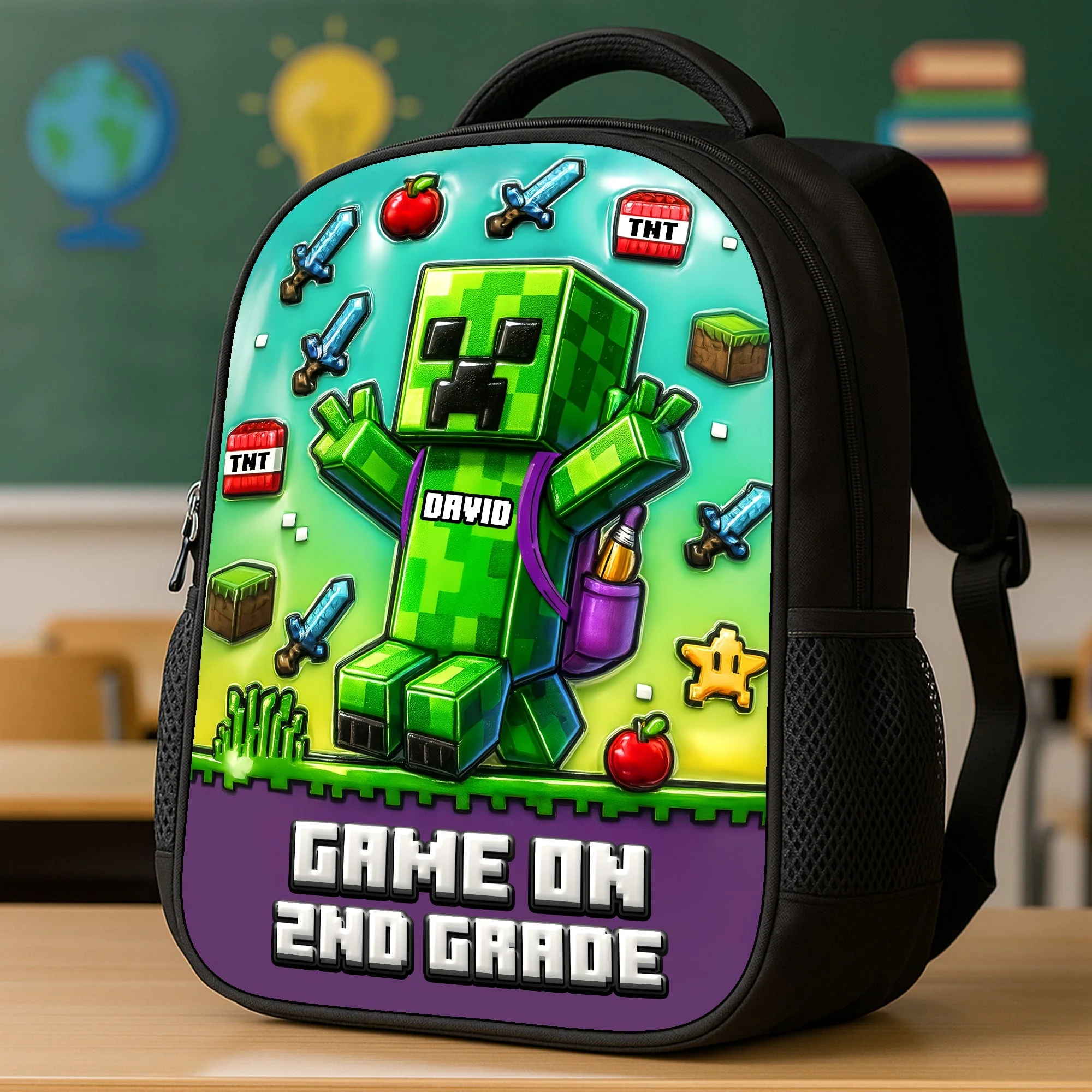 MCraft Green Pixel Game On - Personalized Backpack, Lunch Bag, Pencil Case & Water Bottle - Back to School Gift - Image 3