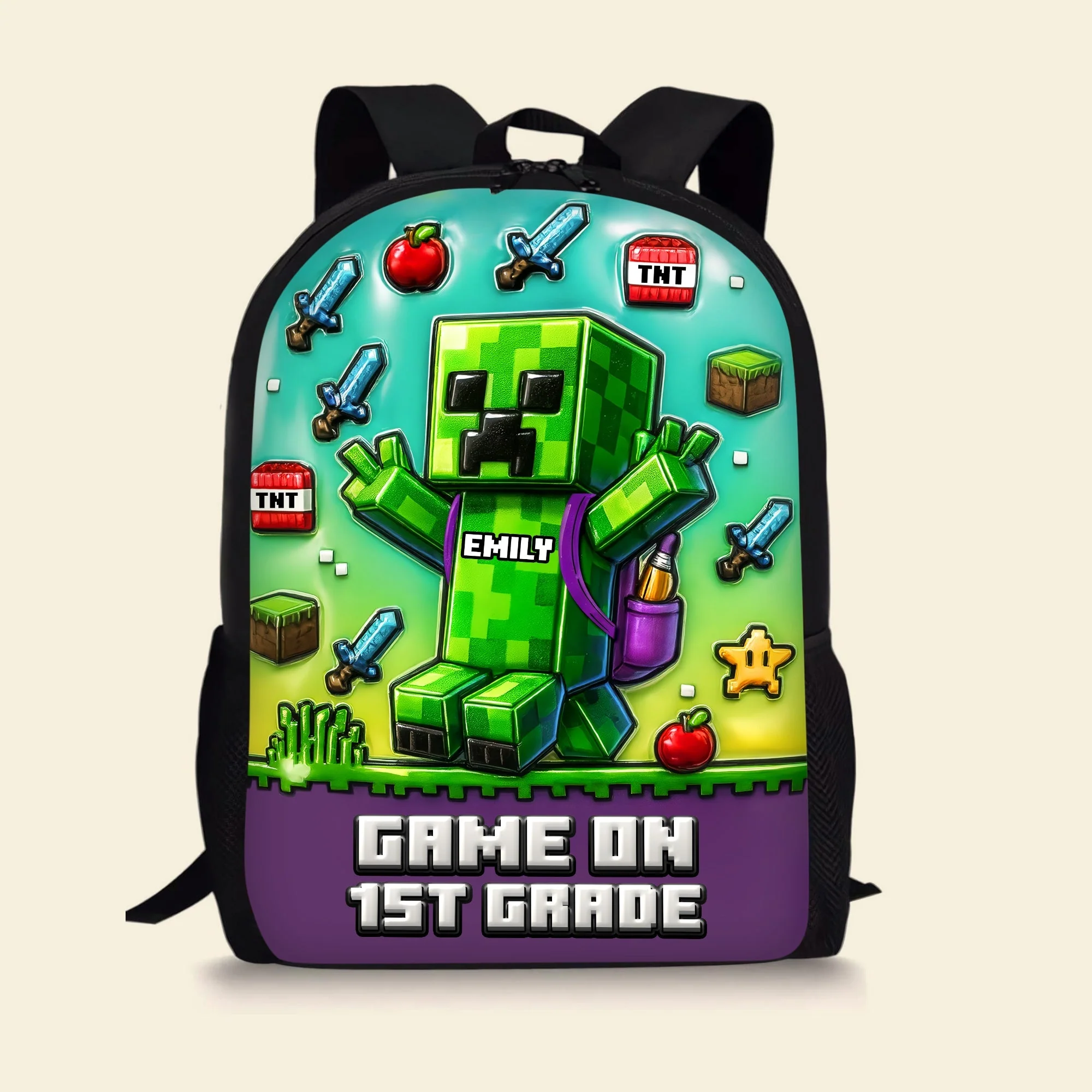MCraft Green Pixel Game On - Personalized Backpack, Lunch Bag, Pencil Case & Water Bottle - Back to School Gift - Image 4