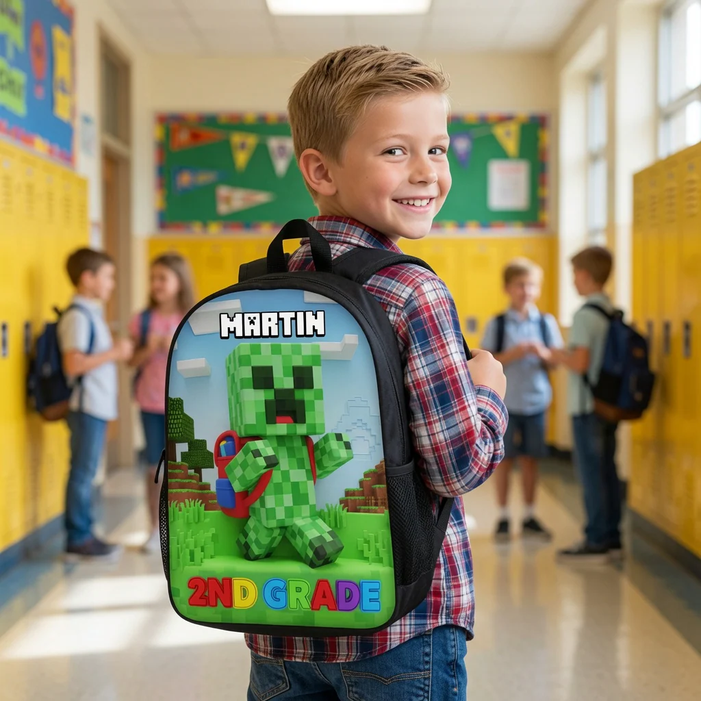 MCraft Green Pixel Hero - Personalized Backpack, Lunch Bag, Pencil Case & Water Bottle - Back to School Gift - Image 2