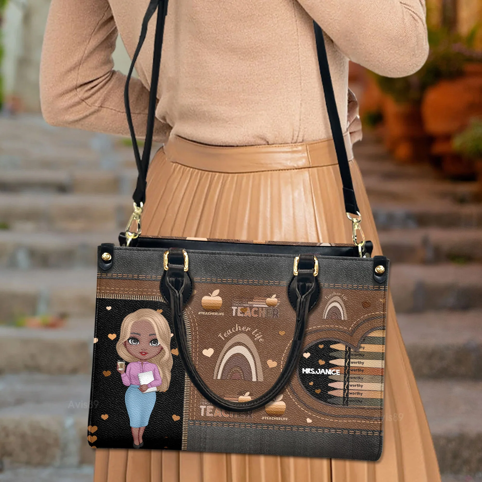 Melanin Teacher Life I Teach Worthy - Personalized Leather Handbag - Gift For Teacher's Day | CLTC01 HD95 - Image 3