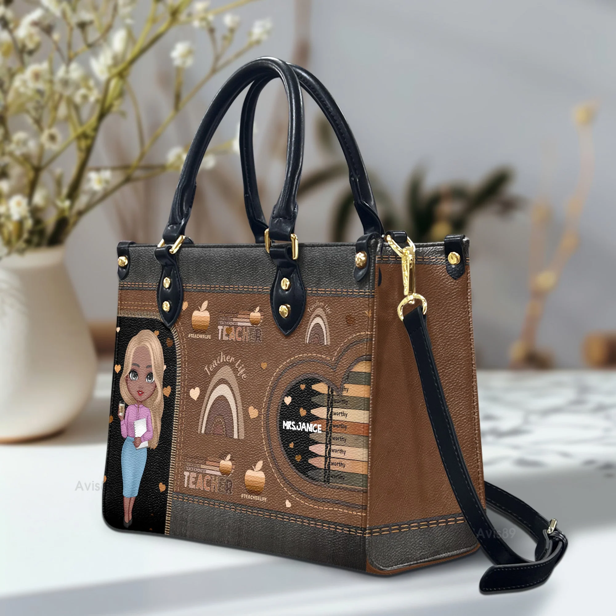 Melanin Teacher Life I Teach Worthy - Personalized Leather Handbag - Gift For Teacher's Day | CLTC01 HD95 - Image 4