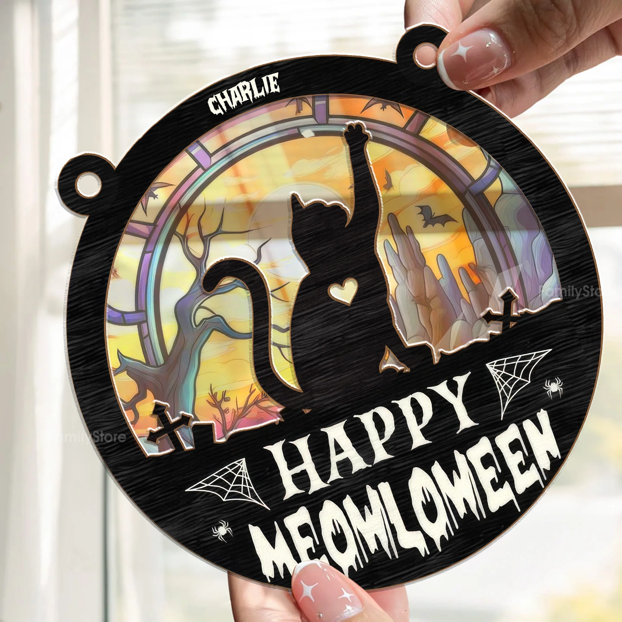 Meowloween Cat Happy Halloween - Gift For Cat Lovers - Personalized Window Hanging Window Hanging Suncatcher Ornament - CLP05 NA94 - Image 2
