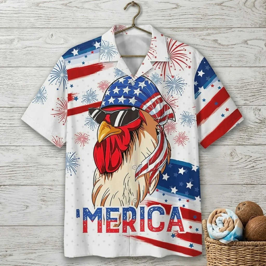 Merica Rooster American Flag Patriotic USA Chicken - Personalized Hawaiian Shirt - Gift For Farmer, Patriots - Image 2
