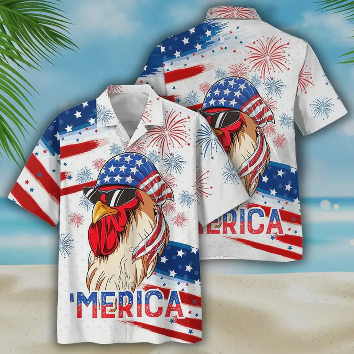 Merica Rooster American Flag Patriotic USA Chicken - Personalized Hawaiian Shirt - Gift For Farmer, Patriots - Image 5