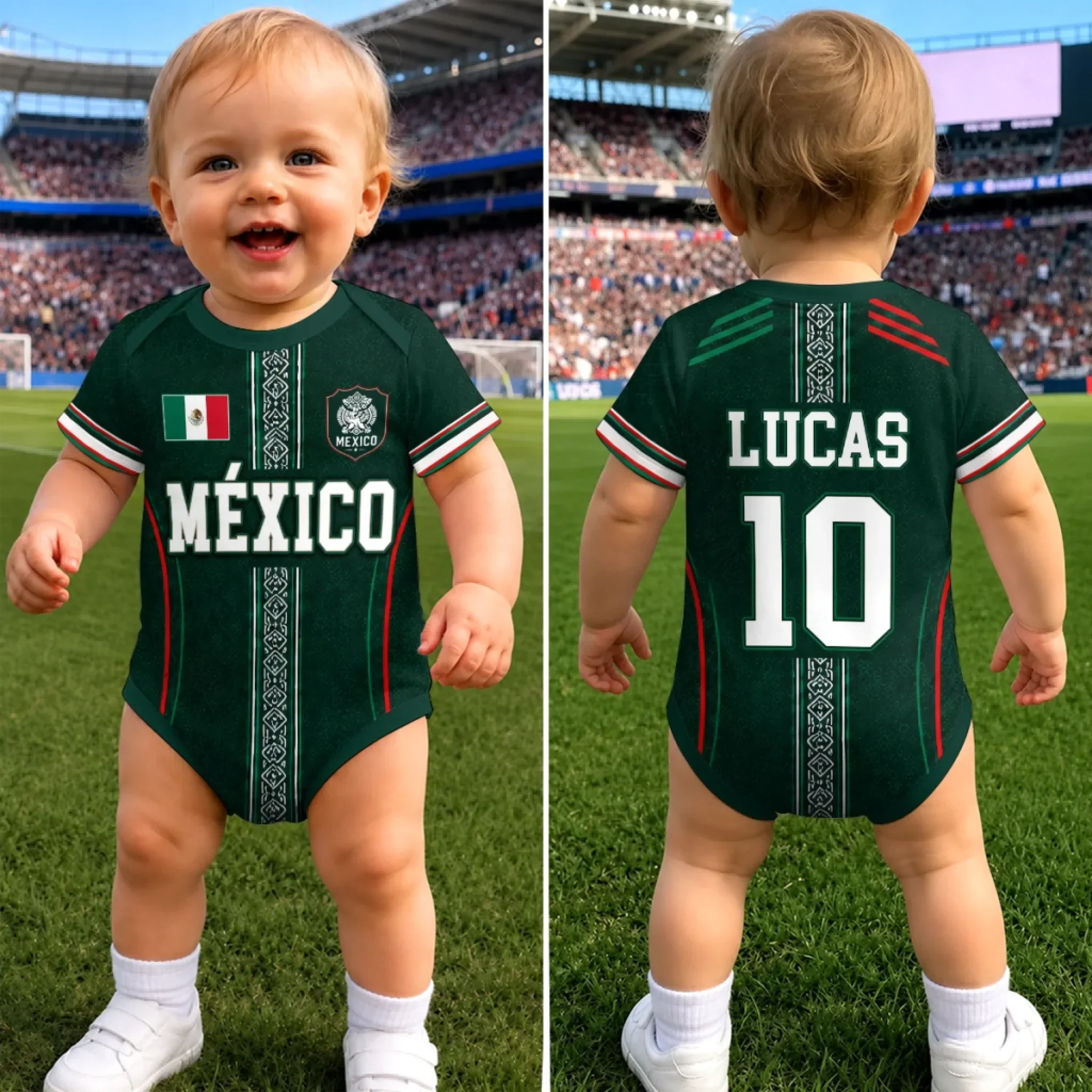 Mexican Heritage Custom Name Number - Personalized Baby Jersey Bodysuit - Gifts For New Moms, New Dads, Soccer Lovers