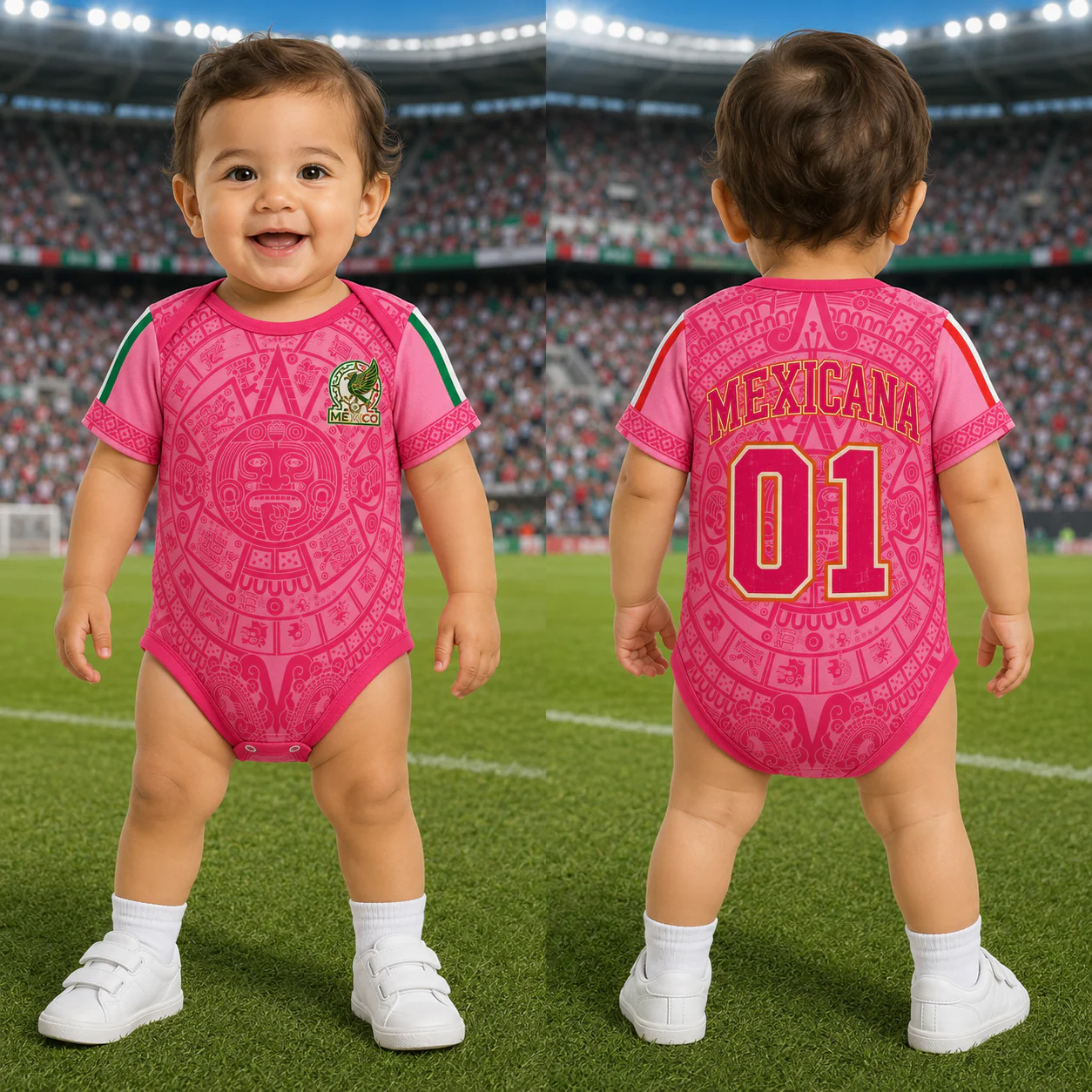 Mexico Aztec Calendar Pink Design - Personalized Baby Jersey Bodysuit - Gifts For New Moms, New Dads, Soccer Lovers