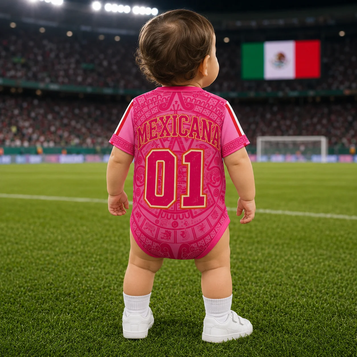 Mexico Aztec Calendar Pink Design - Personalized Baby Jersey Bodysuit - Gifts For New Moms, New Dads, Soccer Lovers - Image 3