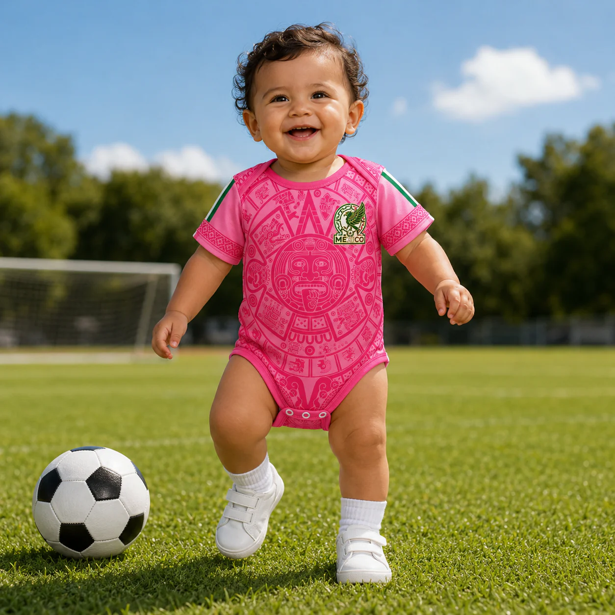 Mexico Aztec Calendar Pink Design - Personalized Baby Jersey Bodysuit - Gifts For New Moms, New Dads, Soccer Lovers - Image 4