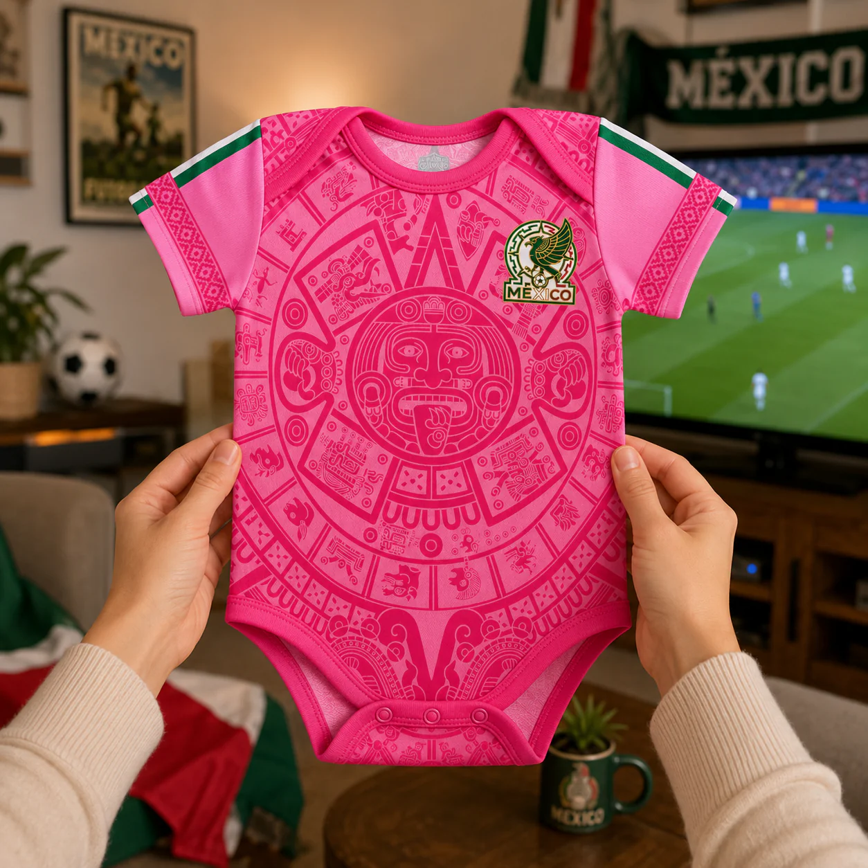 Mexico Aztec Calendar Pink Design - Personalized Baby Jersey Bodysuit - Gifts For New Moms, New Dads, Soccer Lovers - Image 5
