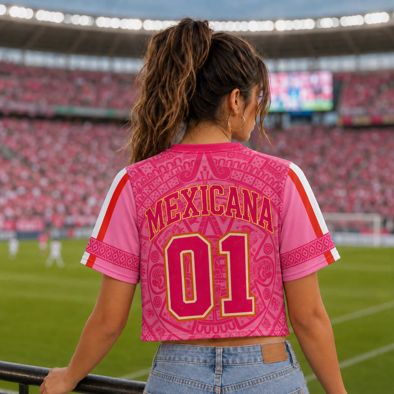 Mexico Aztec Calendar Pink Design - Personalized Soccer Jersey Crop Tee - Birthday Gifts For Football Lovers, Sports Fans, Sports Lovers - Image 3