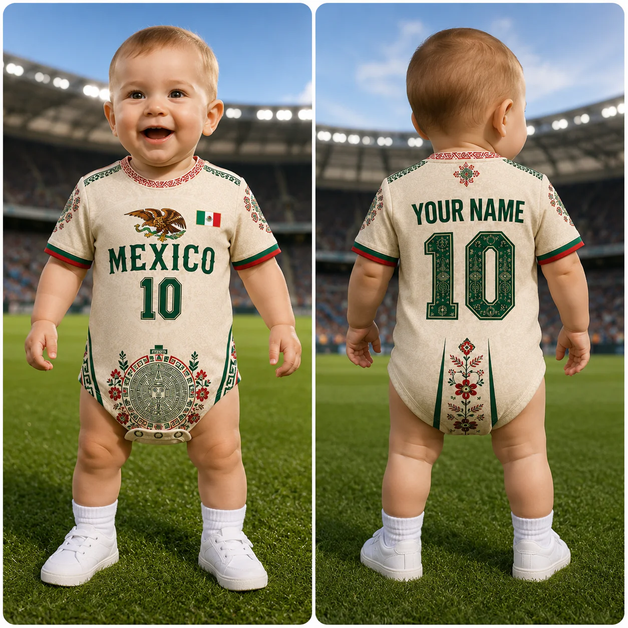 Mexico Global Soccer 2026 Eagle And Aztec Art - Personalized Baby Jersey Bodysuit  - Gifts For New Moms, New Dads, Soccer Lovers