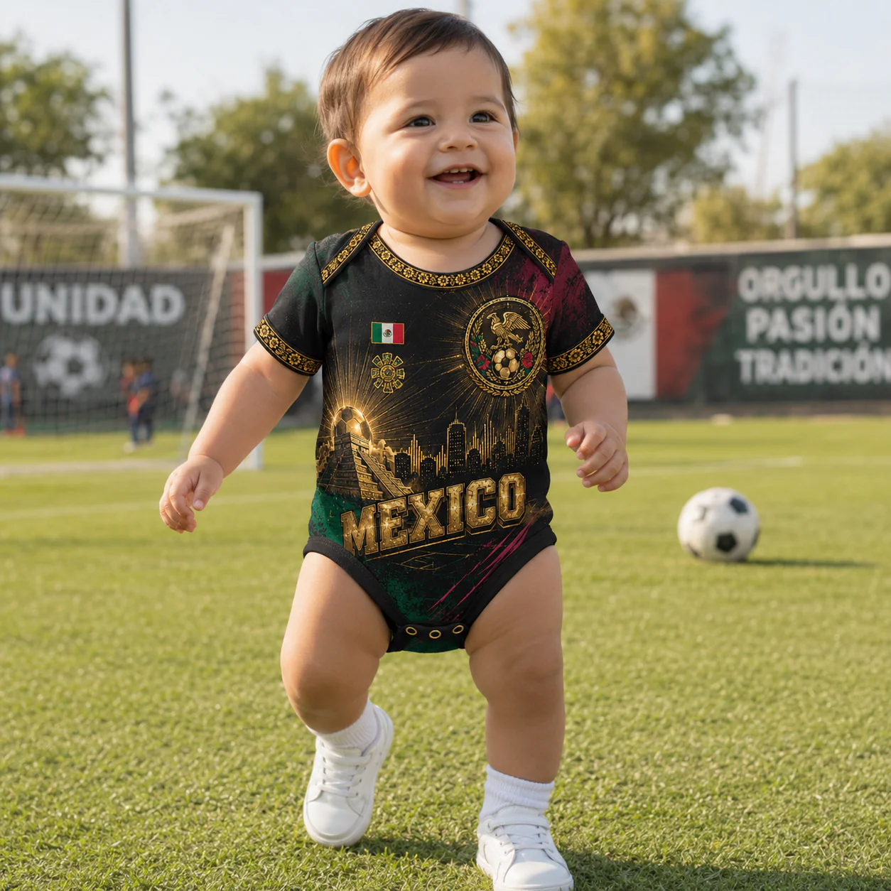 Mexico Golden Aztec Eagle Skyline Pride - Personalized Baby Jersey Bodysuit - Gifts For New Moms, New Dads, Soccer Lovers - Image 6