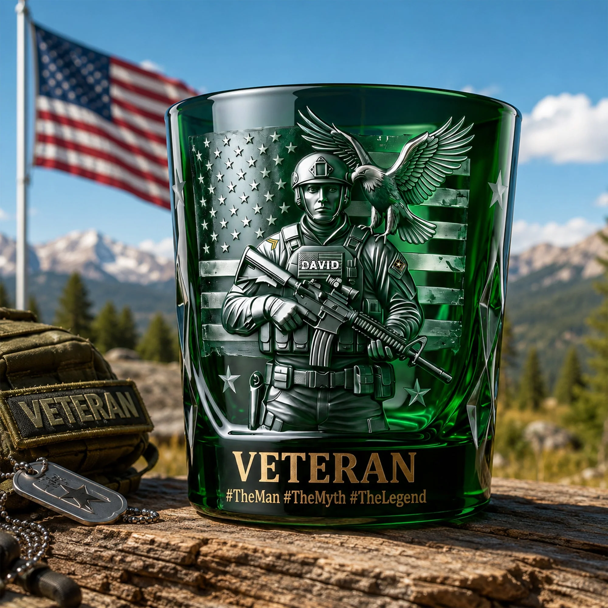Military Soldier Veteran Eagle Carved Green - Personalized Whiskey Glass - Gift For Him