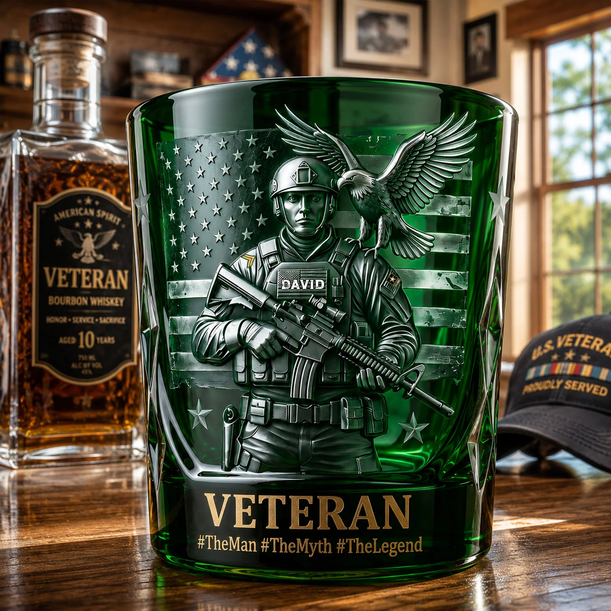 Military Soldier Veteran Eagle Carved Green - Personalized Whiskey Glass - Gift For Him - Image 2