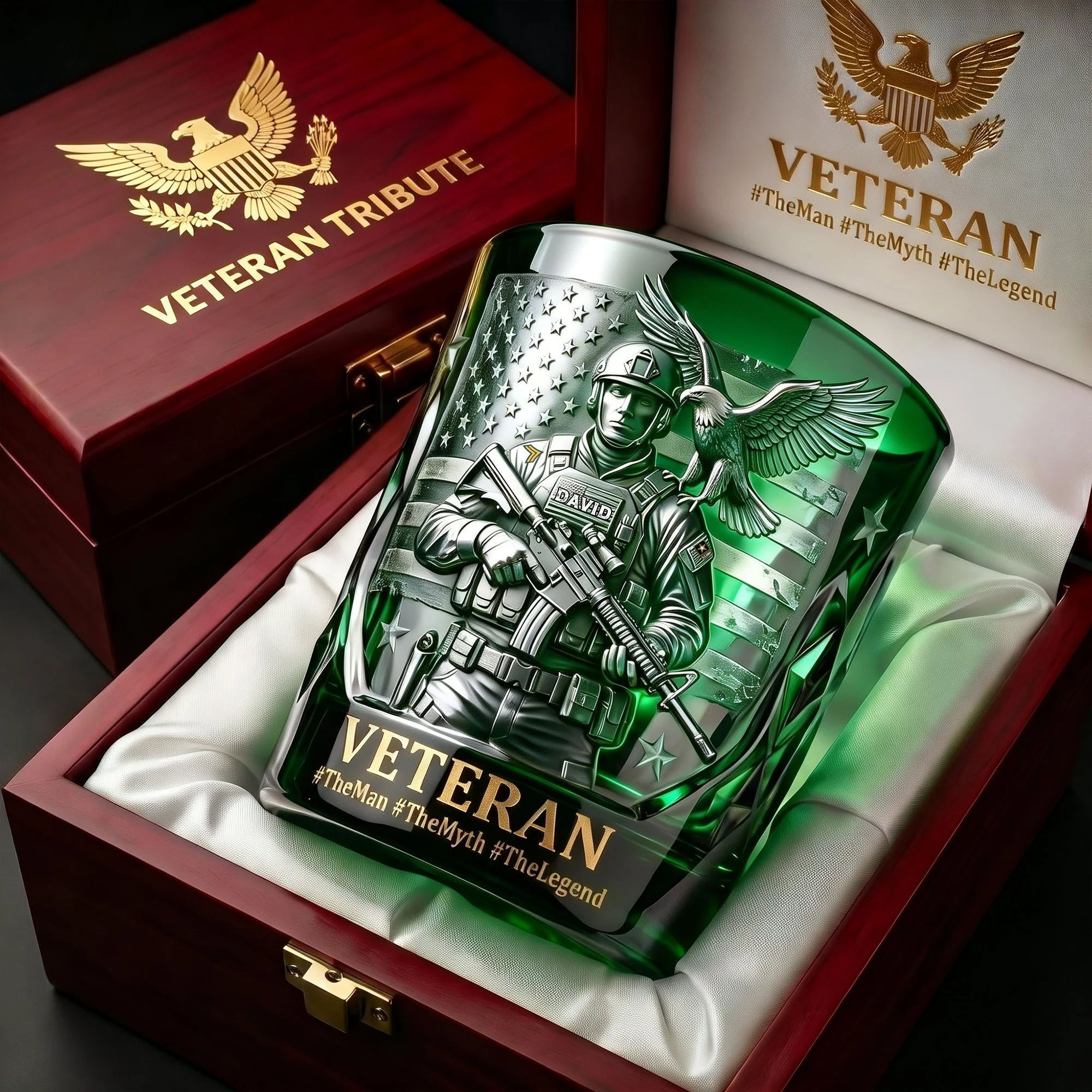 Military Soldier Veteran Eagle Carved Green - Personalized Whiskey Glass - Gift For Him - Image 3