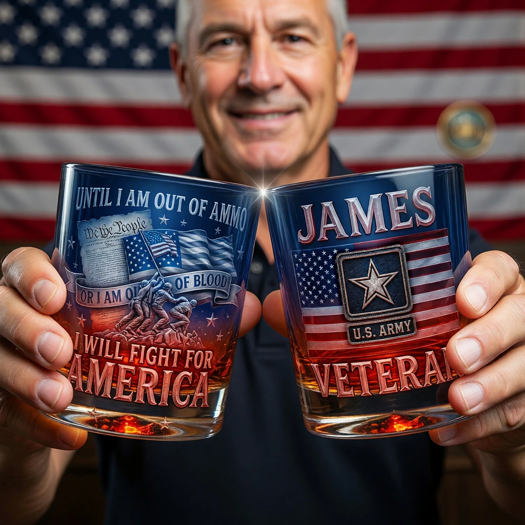 Military Veteran Patriotic Custom Name - Personalized Whiskey Glass - Gift For Veteran