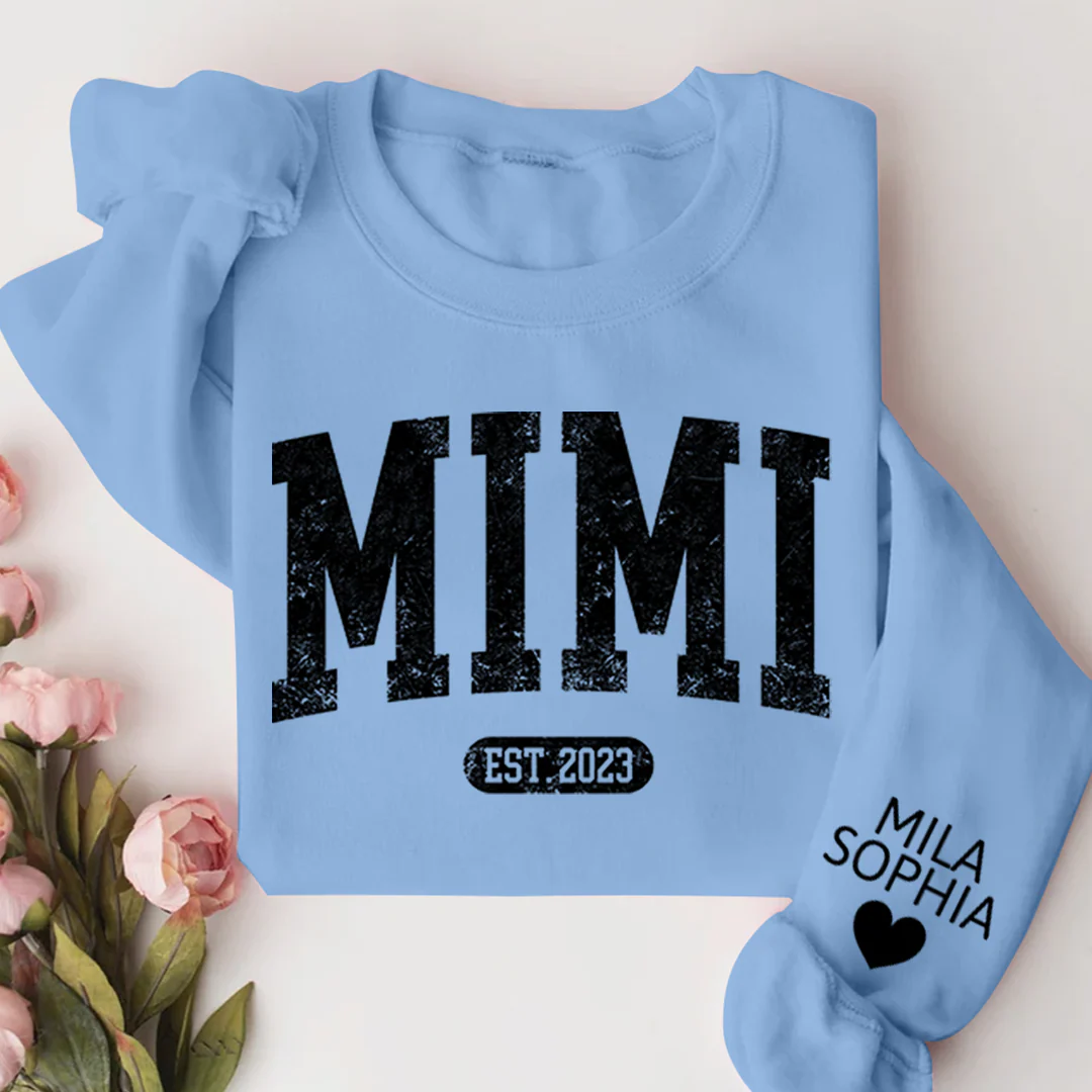 Mimi Est with Granddaughter and Grandson Names - Personalized Sweatshirt With Design On Sleeve - Gift For Grandma, Mom, Wife - NH96 - Image 12