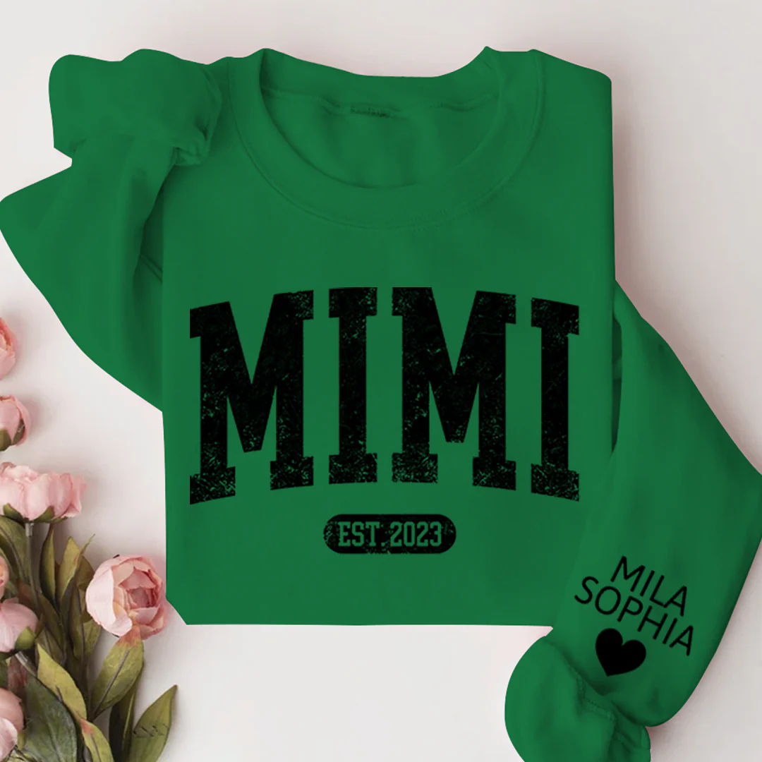 Mimi Est with Granddaughter and Grandson Names - Personalized Sweatshirt With Design On Sleeve - Gift For Grandma, Mom, Wife - NH96 - Image 13