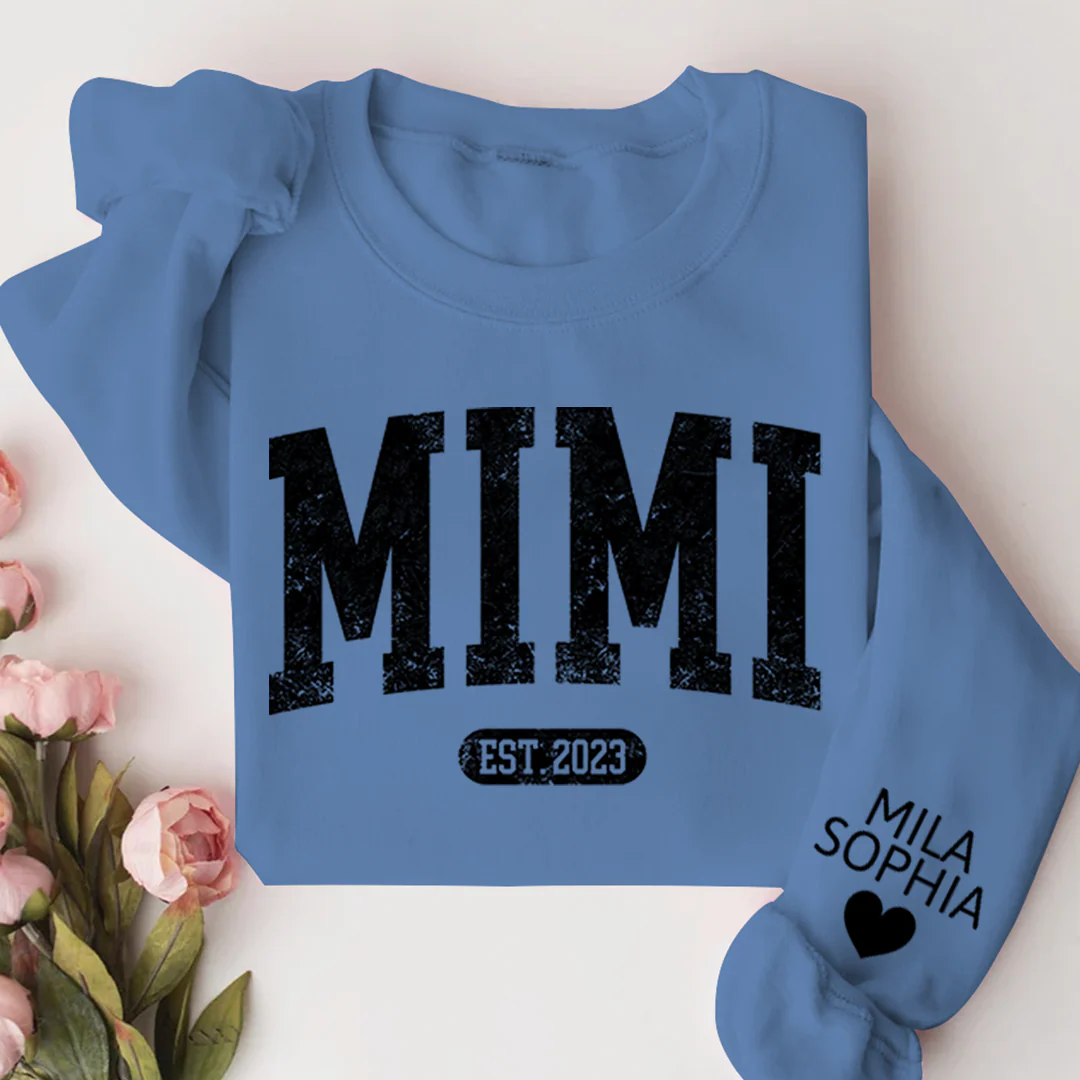 Mimi Est with Granddaughter and Grandson Names - Personalized Sweatshirt With Design On Sleeve - Gift For Grandma, Mom, Wife - NH96 - Image 14