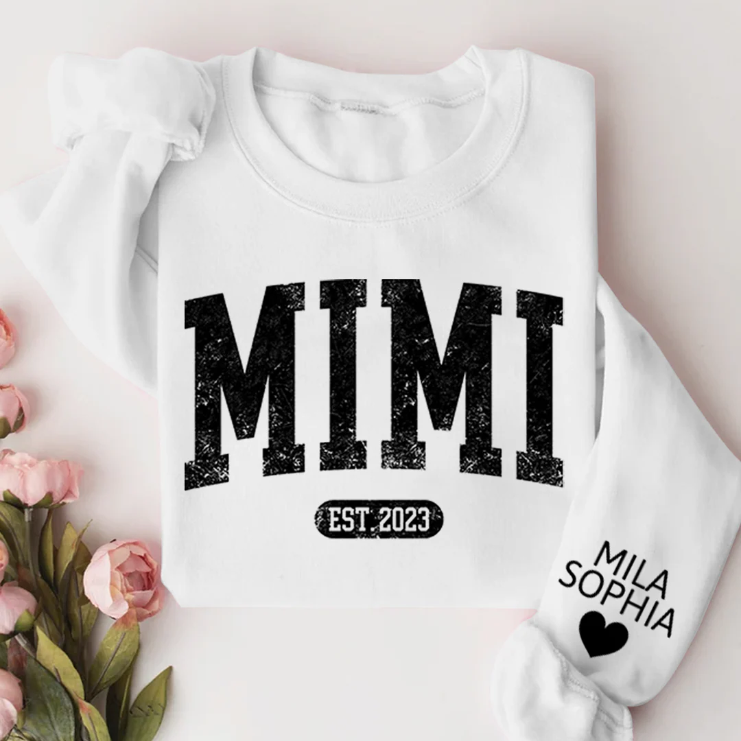Mimi Est with Granddaughter and Grandson Names - Personalized Sweatshirt With Design On Sleeve - Gift For Grandma, Mom, Wife - NH96 - Image 15