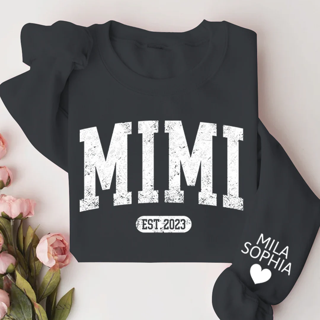 Mimi Est with Granddaughter and Grandson Names - Personalized Sweatshirt With Design On Sleeve - Gift For Grandma, Mom, Wife - NH96 - Image 18