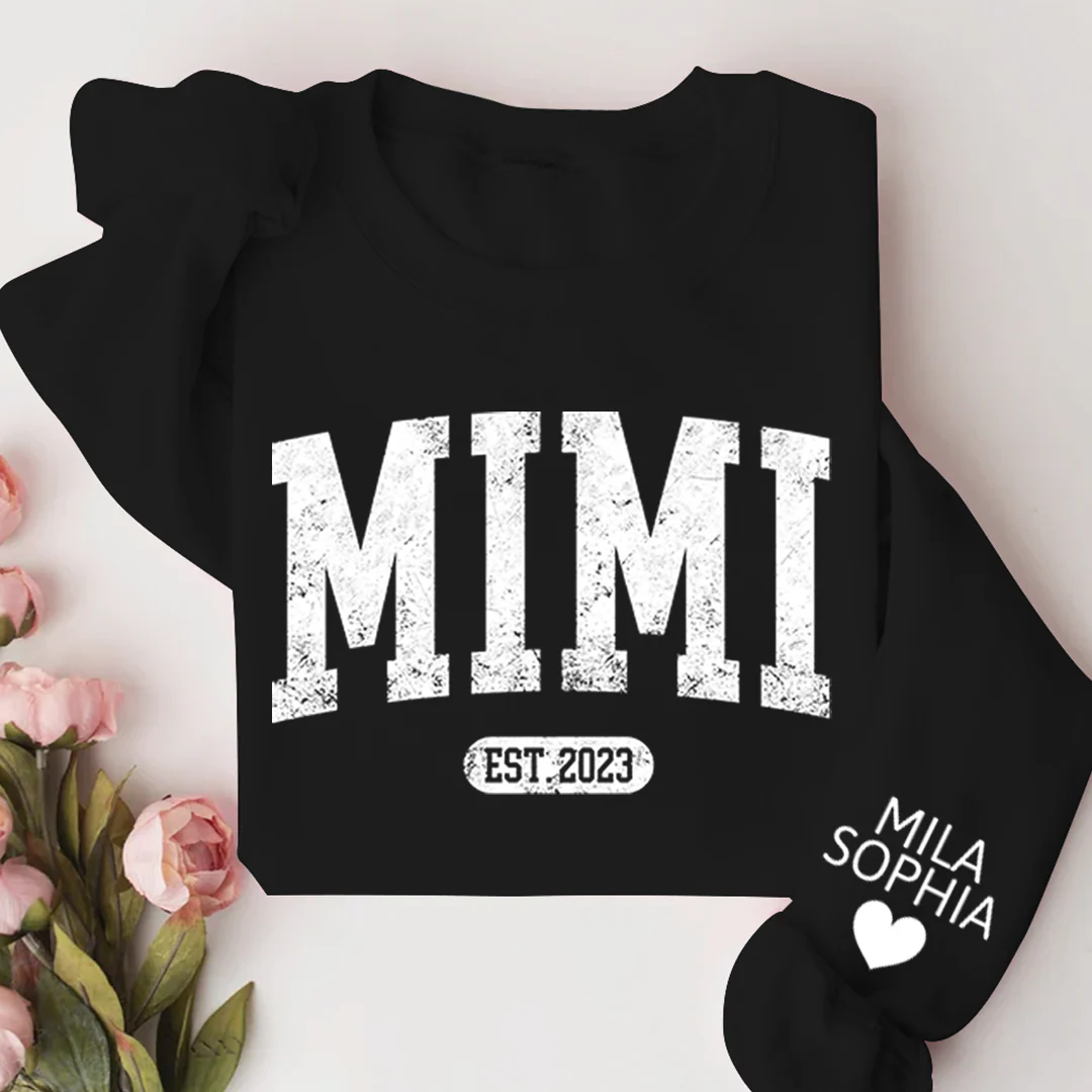 Mimi Est with Granddaughter and Grandson Names - Personalized Sweatshirt With Design On Sleeve - Gift For Grandma, Mom, Wife - NH96 - Image 19
