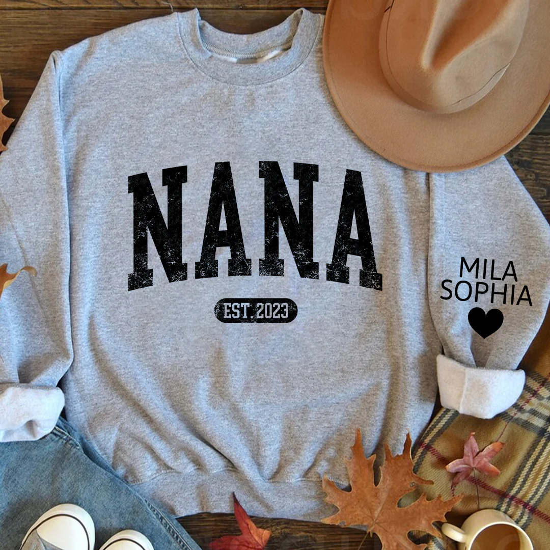 Mimi Est with Granddaughter and Grandson Names - Personalized Sweatshirt With Design On Sleeve - Gift For Grandma, Mom, Wife - NH96 - Image 2