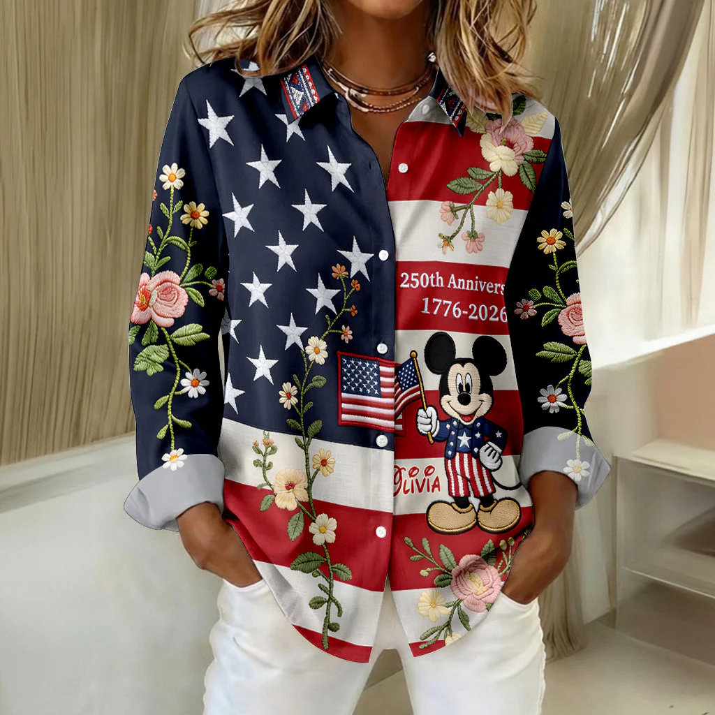 MkMo Magic Mouse Celebrate 250 Years Of America - Personalized Button-Up Shirt - Gift For Her, Patriots NL122 - Image 2