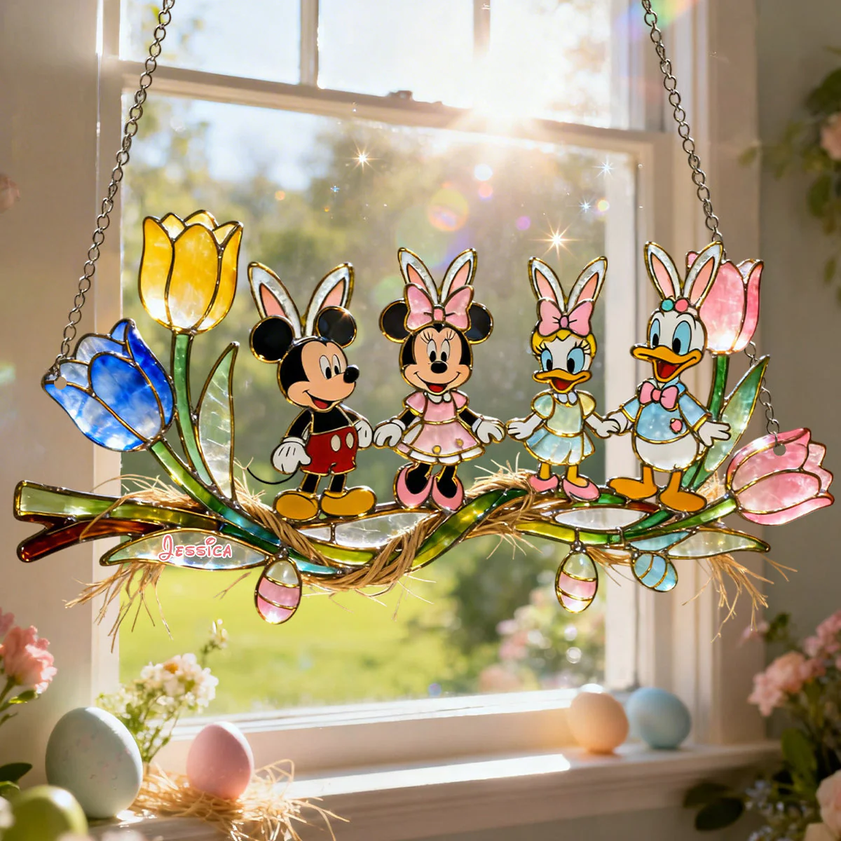 MkMo Magic Mouse Happy Easter - Personalized Window Hanging Suncatcher - Gift For Fan Movies HH01