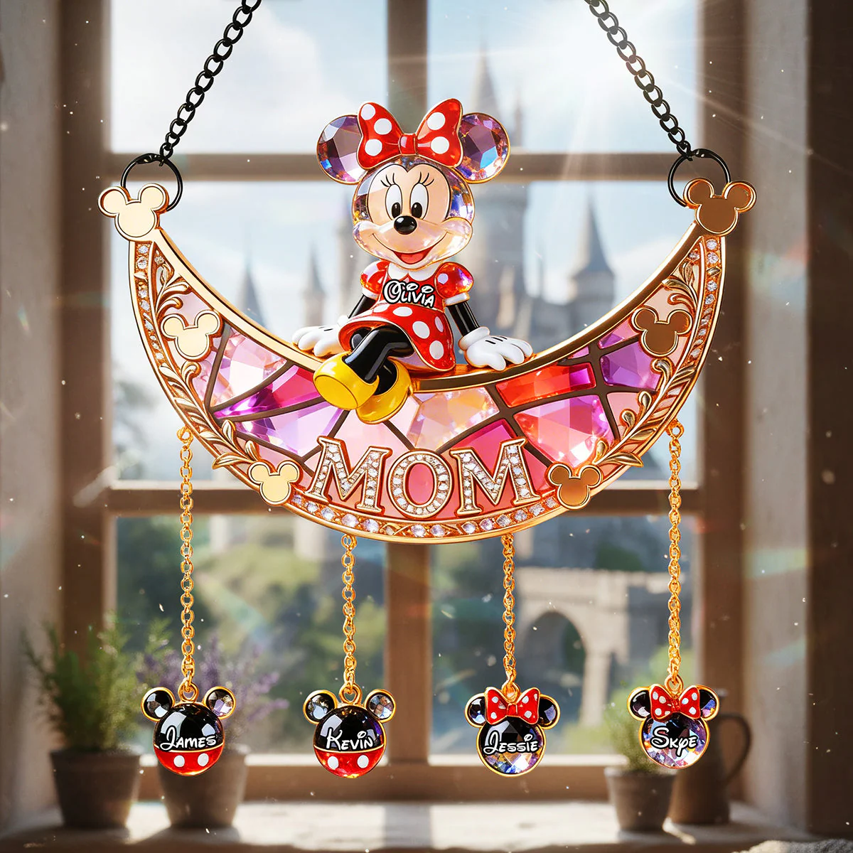 MkMo Magic Mouse Mom With Kids - Personalized Window Hanging Suncatcher - Gift For Mom NL122
