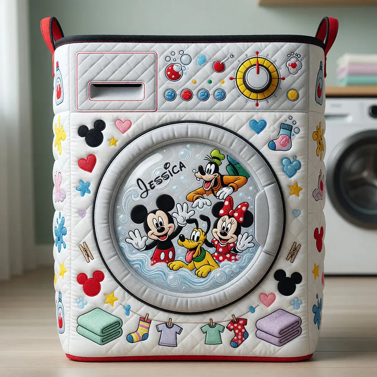 MkMo Magic Mouse Washing Machine - Personalized Quilted Laundry Basket - Gift For Laundry Lovers, Family