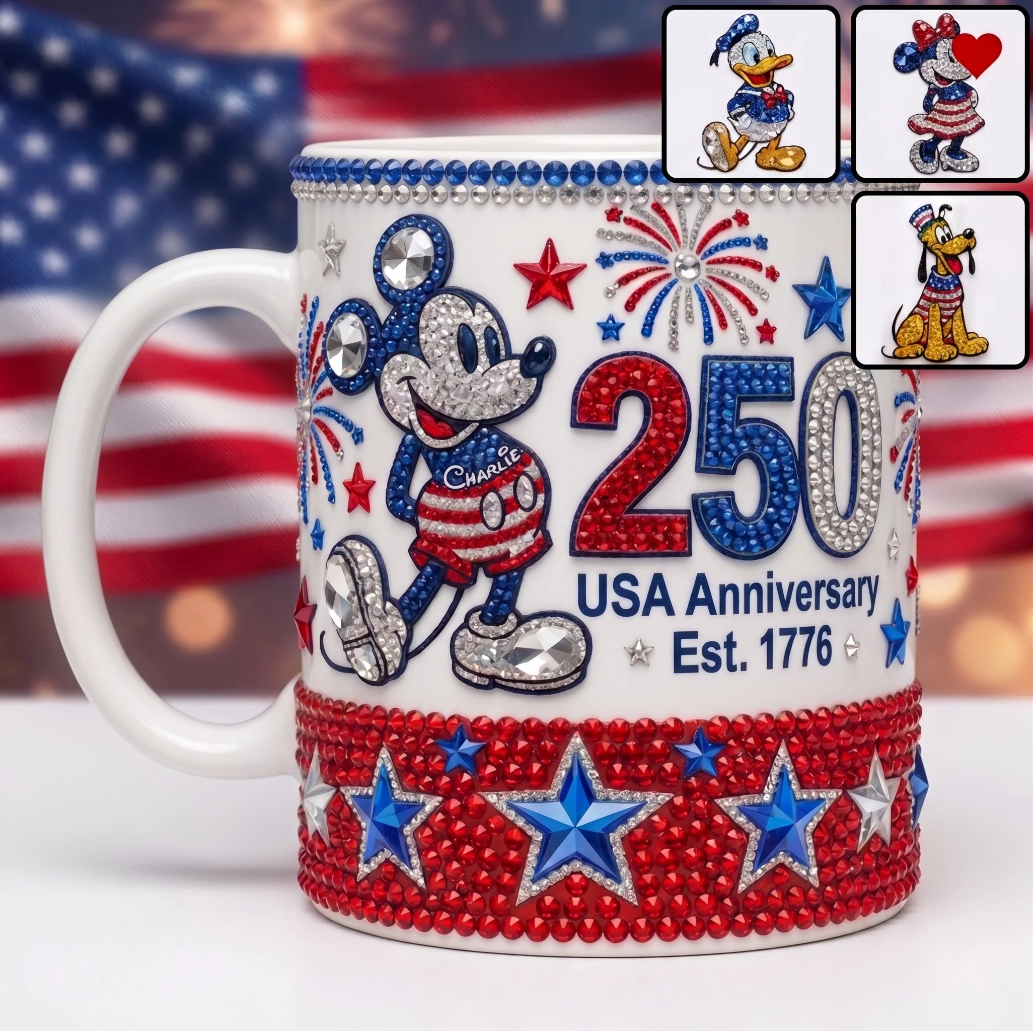 MkMo Magical Mouse & Friends Celebrate 250 Anniversary - Personalized Edge To Edge Mug - Gift For Movie Fans, Patriots